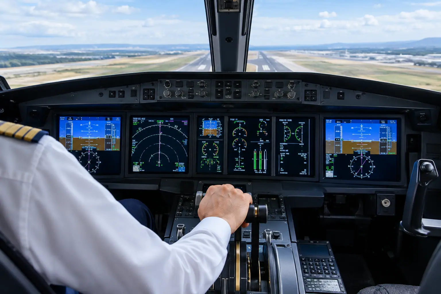 Business jet cockpit before departure